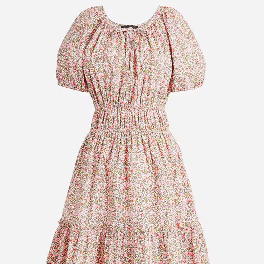 J. Crew - Cinched-waist Puff-sleeve Dress in Scattered Blooms - Green and Pink -